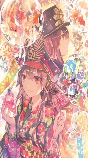 Anime girls with goldfish and flower decorations