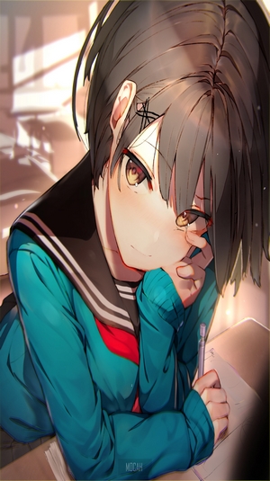 Anime girl with glasses studying