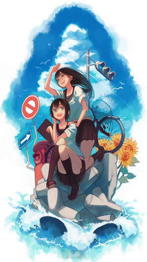 Two anime girls on a breakwater with a bicycle