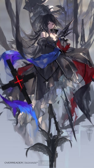 Anime girl with black hair and red eyes, dark outfit, cross symbol