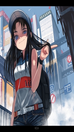 Anime girl with dark hair and blue eyes in a city