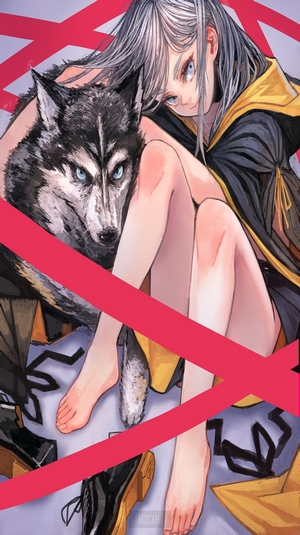 Anime girl with wolf, barefoot, red lines