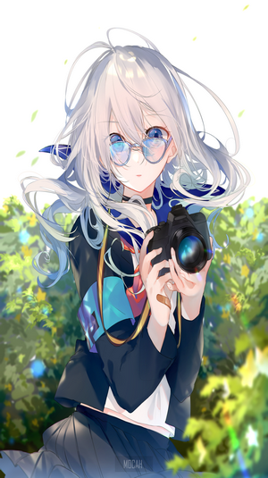 Anime girl with white hair and glasses holding a camera