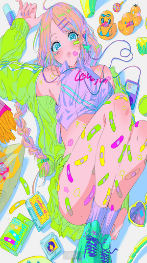 Anime girl with colorful accessories and band-aids