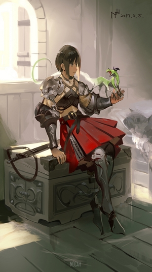 Anime girl in armor holding a dragon