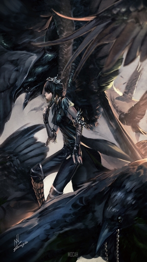 Anime girl with black wings and crows
