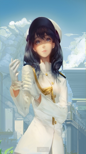 Anime girl in white uniform with dark hair