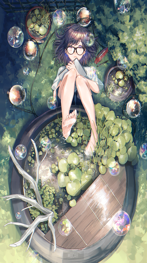 Anime girl with glasses lying among plants and bubbles