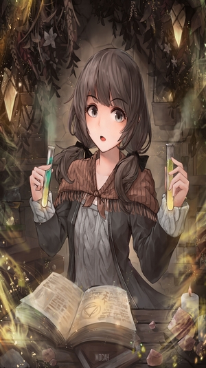 Anime girl in lab coat with test tubes and book