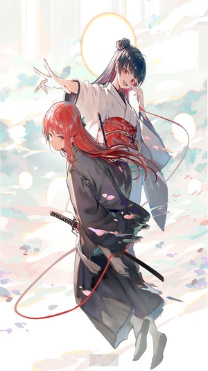 Two anime girls in kimonos with swords