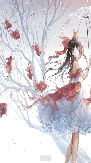 Anime girl with umbrella and goldfish