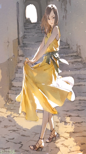 Anime girl in yellow dress on stairs