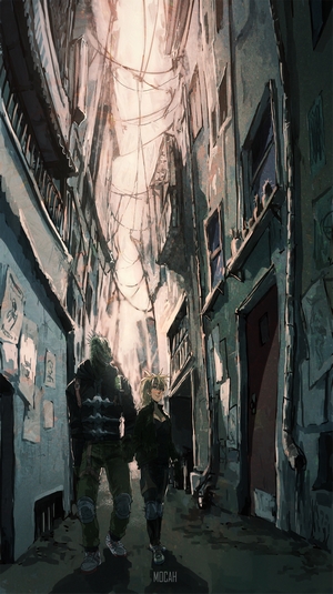 Nikaido and Caiman from Dorohedoro walking in an alley