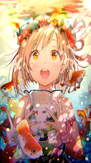 Anime girl with flower crown holding a fishbowl with goldfish