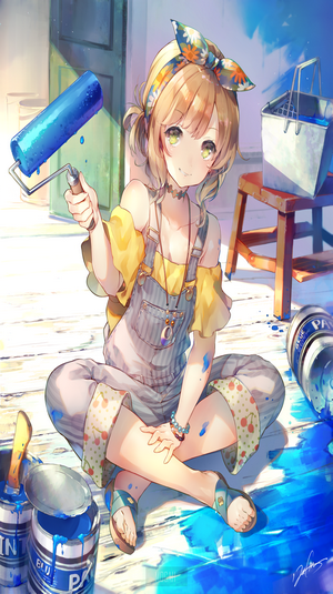 Anime girl painting with blue paint