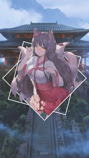 Anime girl with fox ears and tails in front of temple