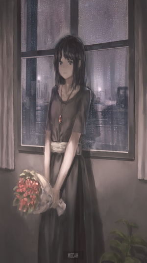 Anime girl with flowers by the window on a rainy day