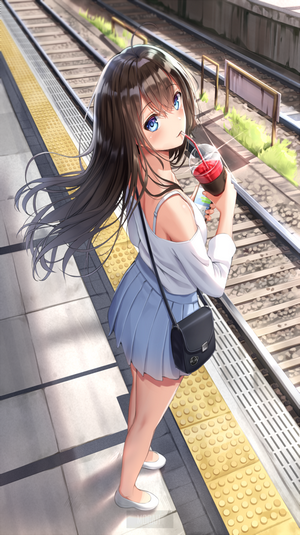 Anime Girl with Blue Eyes at Railway Station