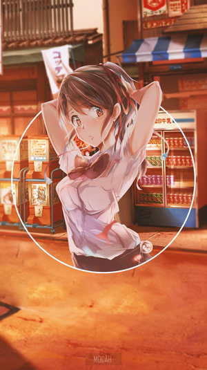 Anime girl in a white shirt in a Japanese street