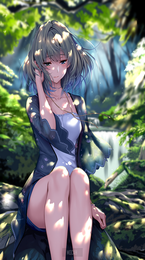 Anime girl sitting in a forest with a waterfall