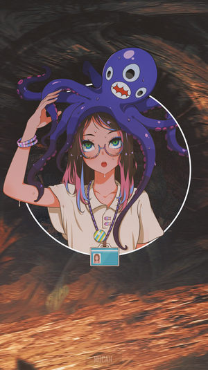 Anime girl with octopus on head and ID badge