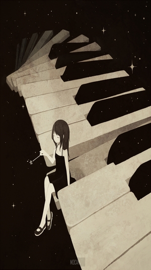 Anime girl sitting on piano keys in space