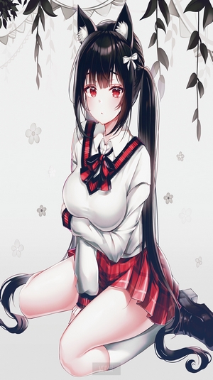 Kneeling Anime Cat Girl with Dark Hair and Red Eyes