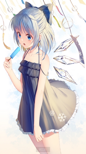 Anime girl with blue hair and eyes eating popsicle