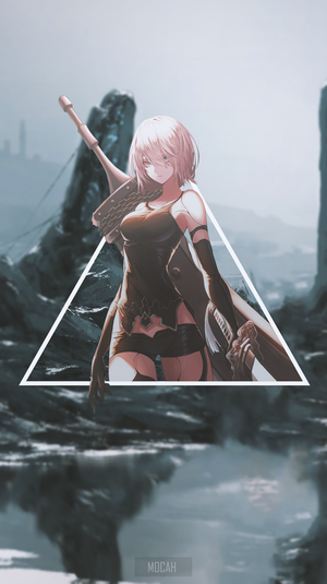 A2 from Nier: Automata with a triangle overlay