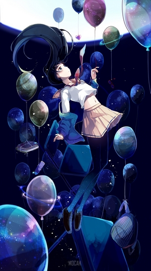 Anime girl floating among space balloons