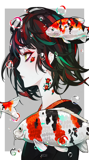 Anime girl with koi fish and flowers