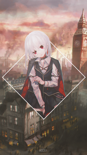 Anime girl with red eyes in Victorian London