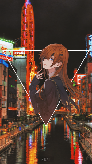 Anime girl in front of a city canal at night