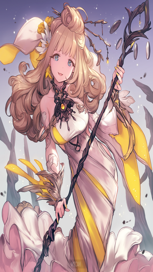Anime girl with blonde hair and blue eyes holding a staff