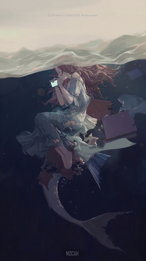 anime, anime girl, underwater, fantasy girl, closed eyes, barefoot ...