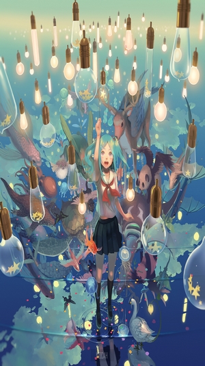 Anime girl surrounded by glowing lightbulbs and fantastical creatures