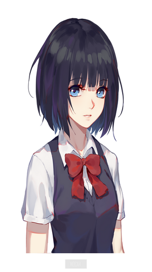 Anime girl with dark hair and blue eyes
