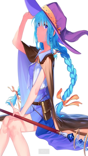 Anime girl with blue hair and witch hat