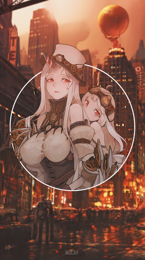 Anime girls in steampunk outfits in a city
