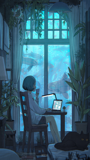 Anime girl working on laptop with fish tank window and cat