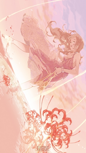 Anime girl in a pink dress falling with flowers