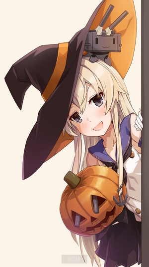 Shimakaze from Kantai Collection wearing a witch hat with a pumpkin