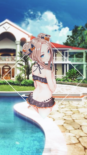 Anime girl in bikini by a mansion and pool