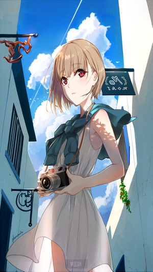 Anime girl with blonde hair and red eyes holding a camera
