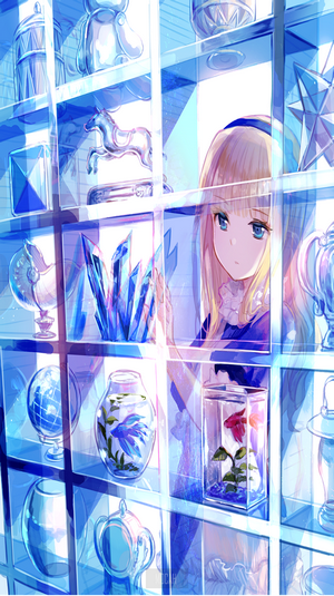 Anime girl with blonde hair and blue eyes looking at display