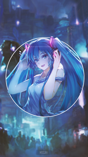 Hatsune Miku with headphones in a city