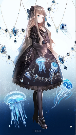 Anime Girl in Elegant Dress with Jellyfish