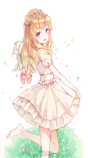 Anime girl with blonde hair and purple eyes in a dress