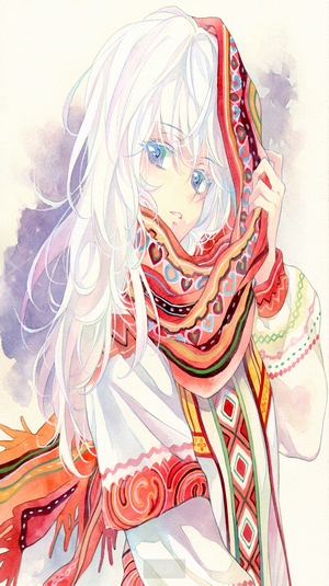 Anime girl with white hair and blue eyes wearing a scarf