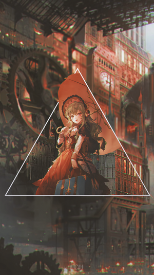 Anime girl with umbrella and suitcase in steampunk city